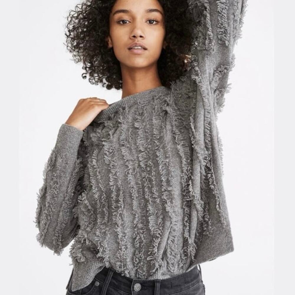Madewell Textured Fringe-Stripe Pullover Merino Wool Sweater Gray Size Small